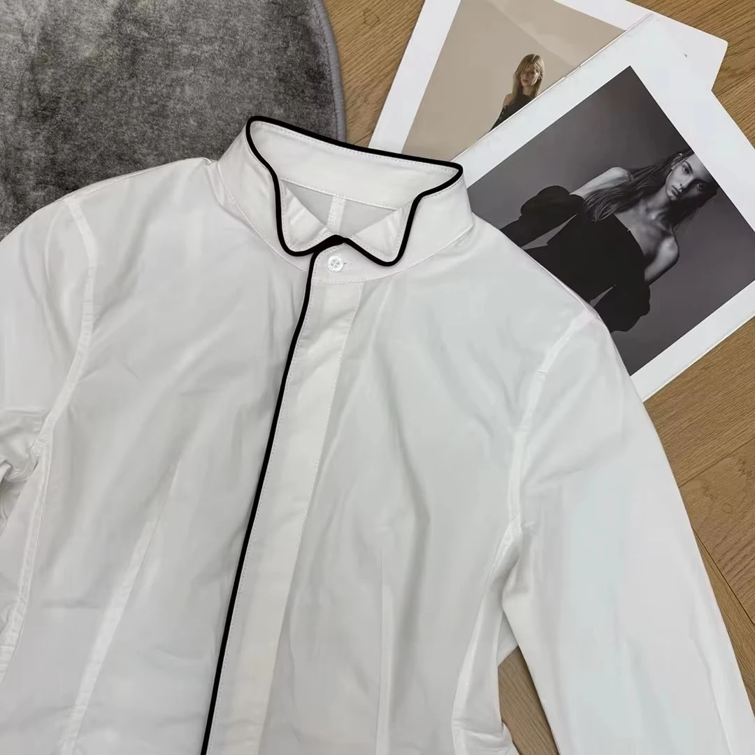 Elegant Fashion Color Blocking Line Splicing White Slim Waist Long Cotton Shirt Women Lapel Long Sleeve Chic Blouse