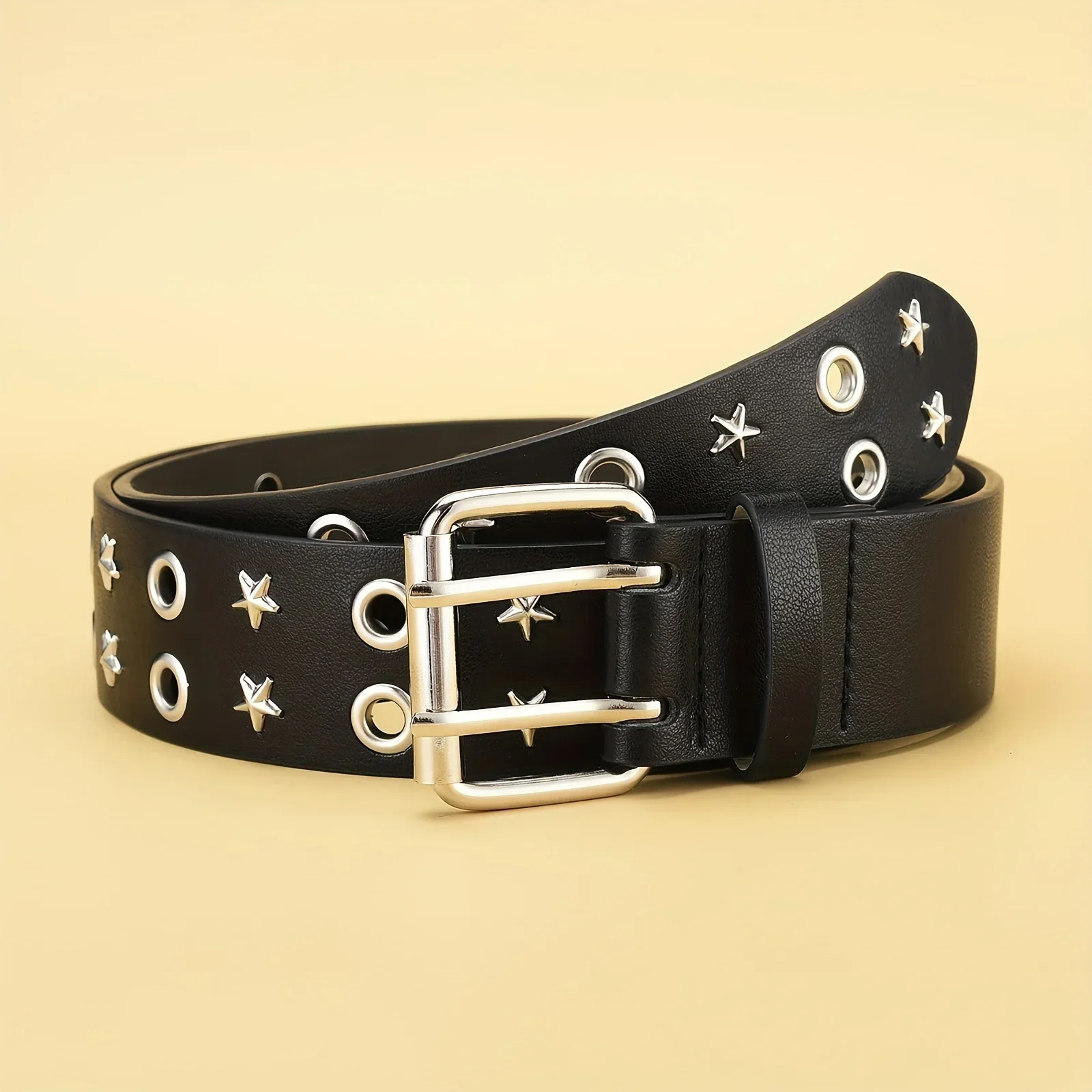 Five-star rivet women's belt, double-low buckle, fashion men's leather belt, hip-hop punk rock star