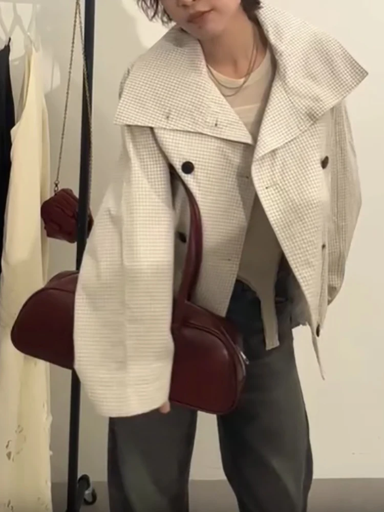 Lässiger Karierter Mantel mit Reverskragen für Damen, Eleganter Doppelreihiger Mantel mit Elastischem Bund, Langen Ärmeln, Locker Geschnittene Jacke, Herbst 2026 Alltags-Oberbekleidung – Detail 2