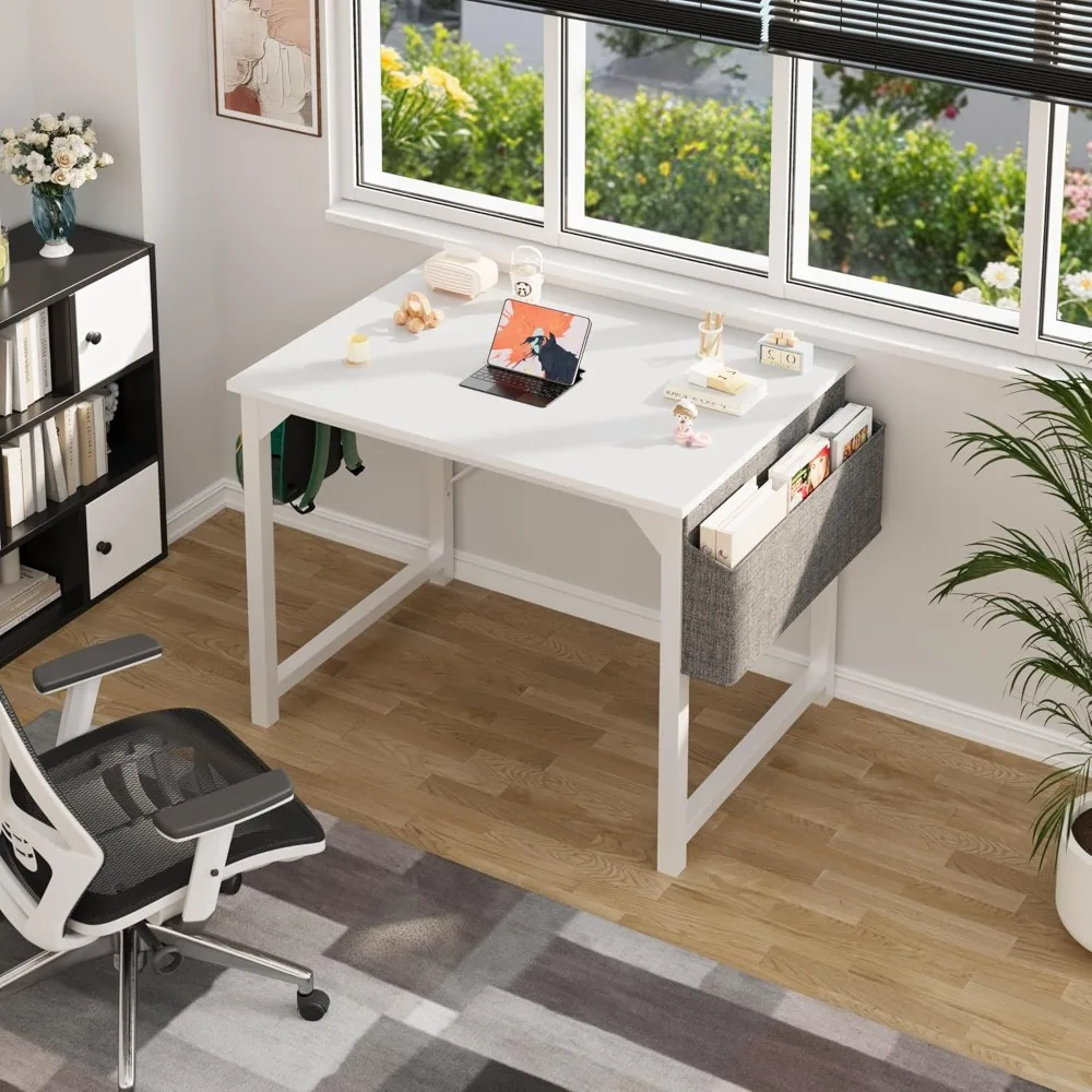 Computer Desk Small Office Writing Work Study Kids Student Bedroom Wood Modern Simple Table with Storage Bag & Headphone Hooks