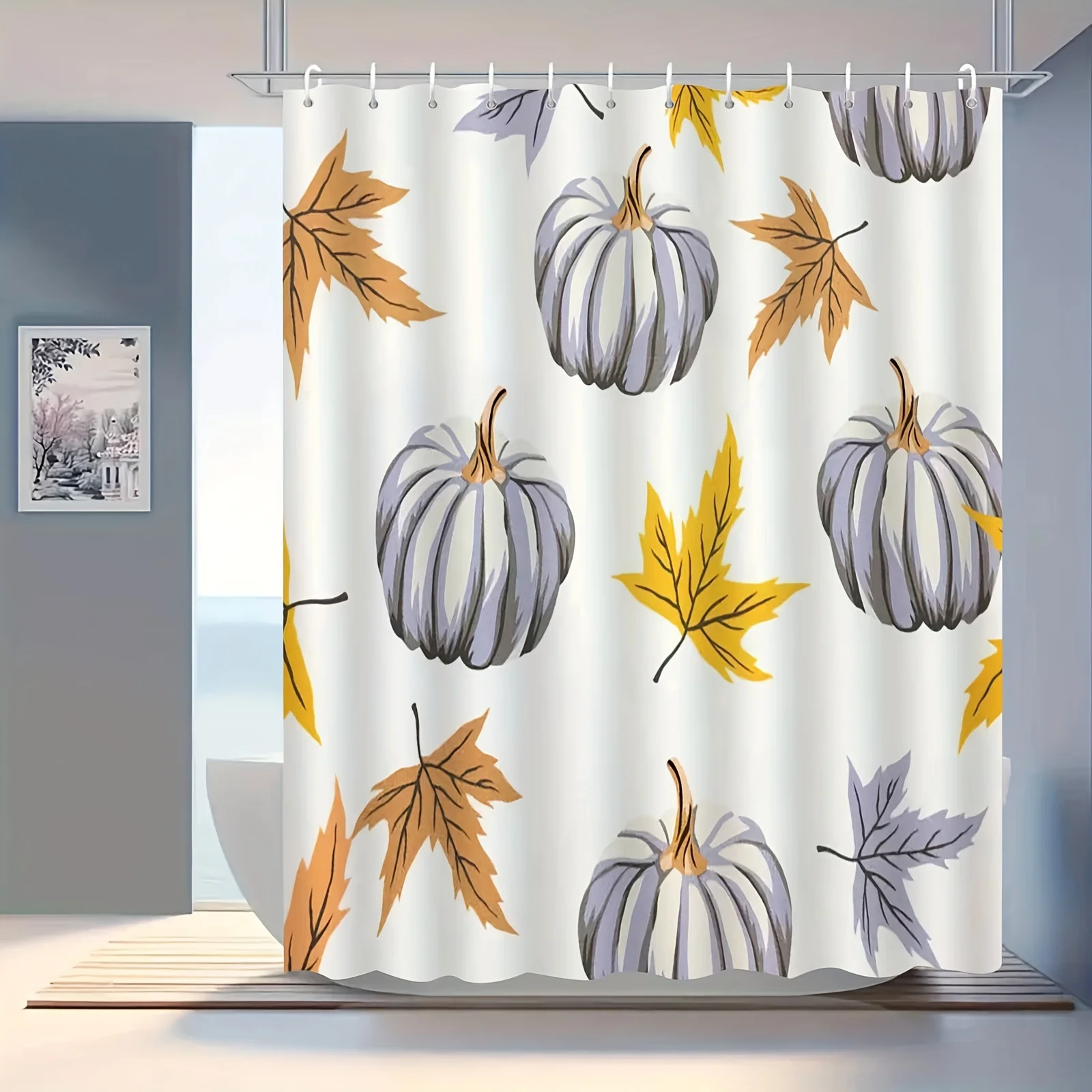 

Elegant Watercolor Maple Leaf & Pumpkin Shower Curtain - High-End, Anti-Fog, Multi-Functional Bathroom Decor with Hooks Included