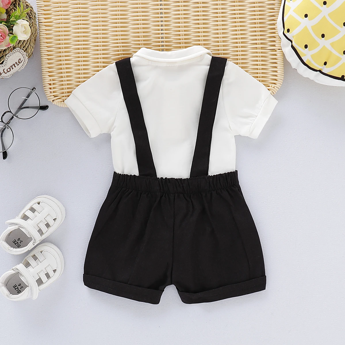 2PCS Gentleman Outfits Newborn Baby Boy Formal Costumes Short Sleeve Romper with Bow+Strap Shorts Summer Birthday Clothing