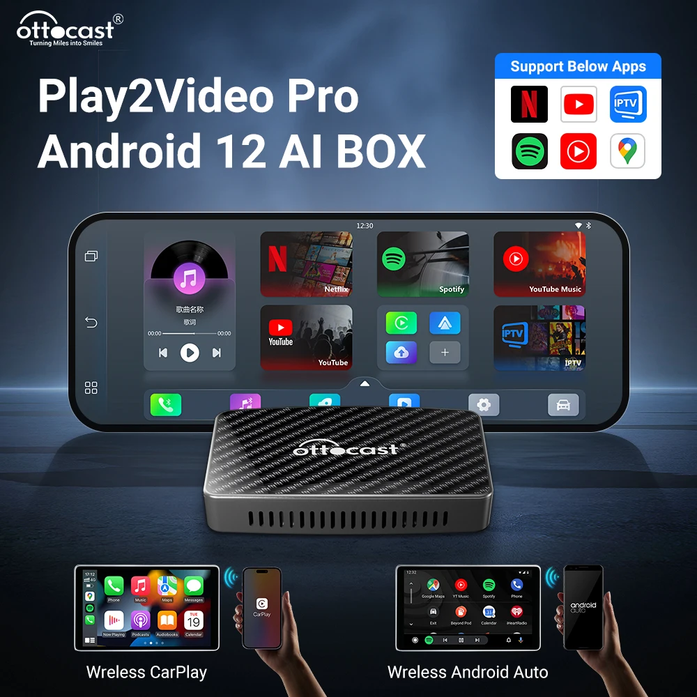 

OTTOCAST Play2Video Ai Box Wireless CarPlay Android Auto Adapter Built in Youtube Netflix IPTV for 98% Car with Wired Carplay