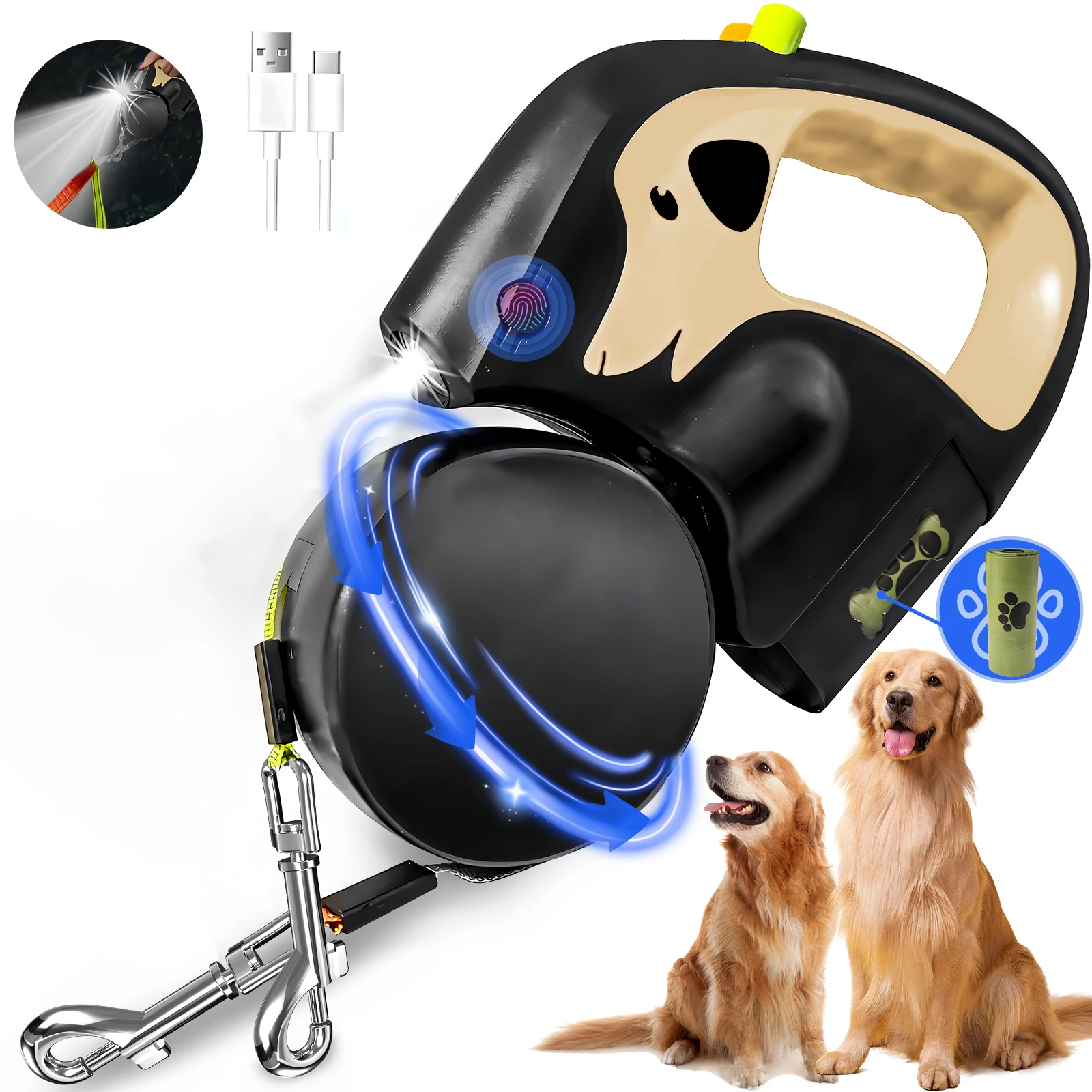 

3m Double-ended Dog Leash 360° Anti-entanglement Retractable Dog Leash USB Charging With Light And Feces Bag Dog Walking Leash