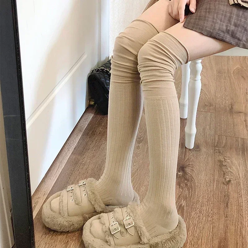2pairs Women\'s Knee-length Socks Ladies Thigh-length SocksWarm Knitted Boot Socks Leg Warmers Japan JK Cotton Thigh High Bottoms