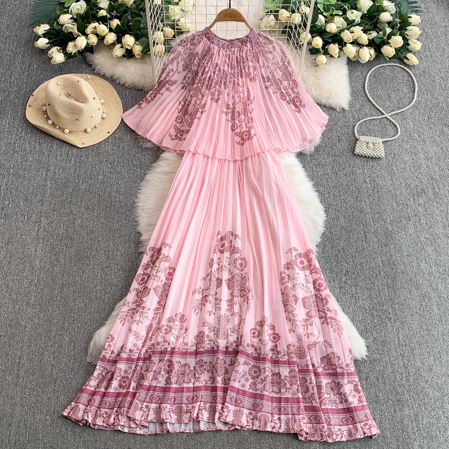 2025 วันหยุด Retro พิมพ์รอบคอชุดผู้หญิงฤดูร้อน Smock สไตล์เอวกระชับสัดส่วนชุดยาว Bohemian Beach Dress