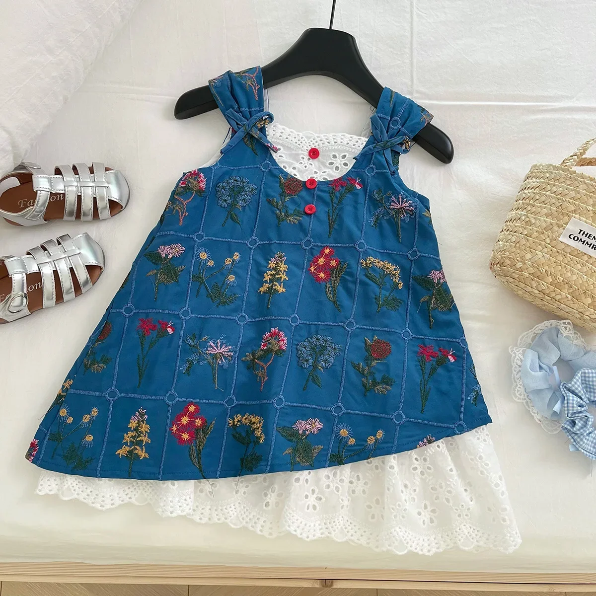 

New Korean Style Girls' Lace Printed Patchwork 2025 Summer Dress, Baby's Stylish Retro Vest Skirt