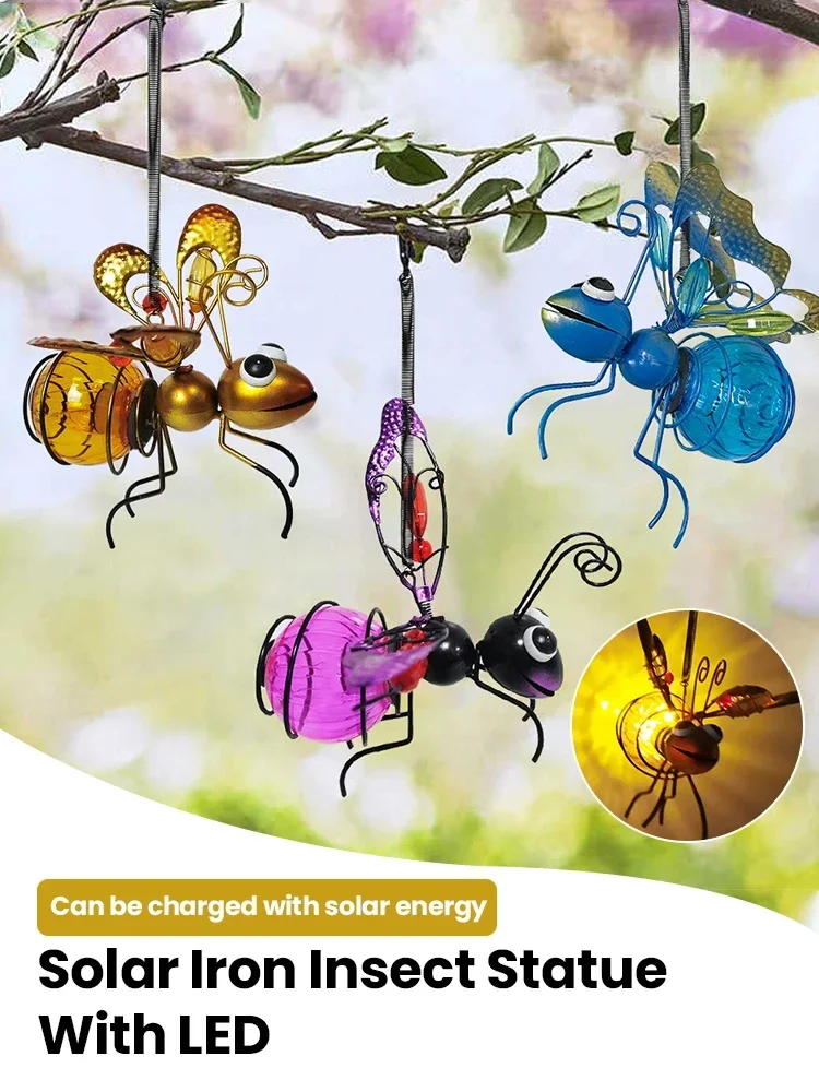 Solar Iron Insect Statue With Led Fairy Light Outdoor Waterproof Insect Night Light Hanging Bee Light With Bouncing Spring