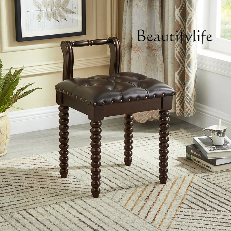 

French retro style black dressing stool bedroom all solid wood leather art American medium and ancient style small apartment mak