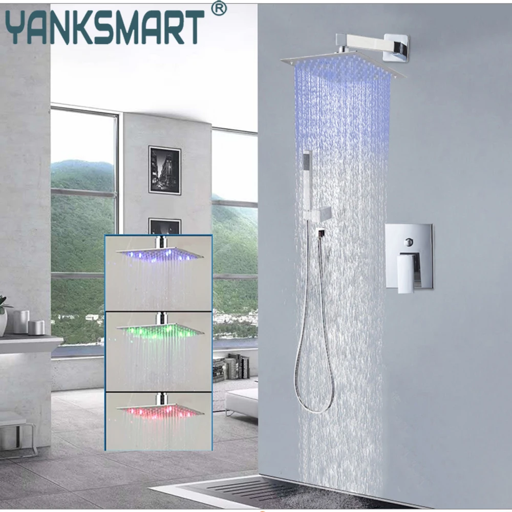 

YANKSMART LED Chrome Concealed Wall Mounted Rainfall Bathroom Shower Faucet Set 8" 12" 16" Head With Swivel Tub Spout Mixer Tap