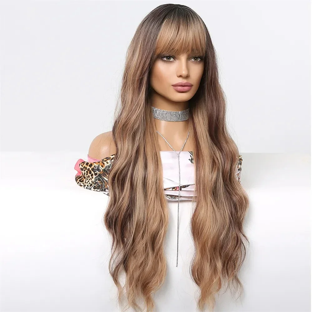 Peruca ondulada longa sintética com Franja, Destaque marrom, Ombre natural, Soft Daily Party Wigs, Mel marrom