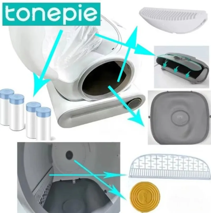 TONEPIE Caja de accesorios automática para arenero de gatos, con filtro de malla para la puerta inferior de la cápsula del contenedor de arena, bolsa de basura y cable de alimentación