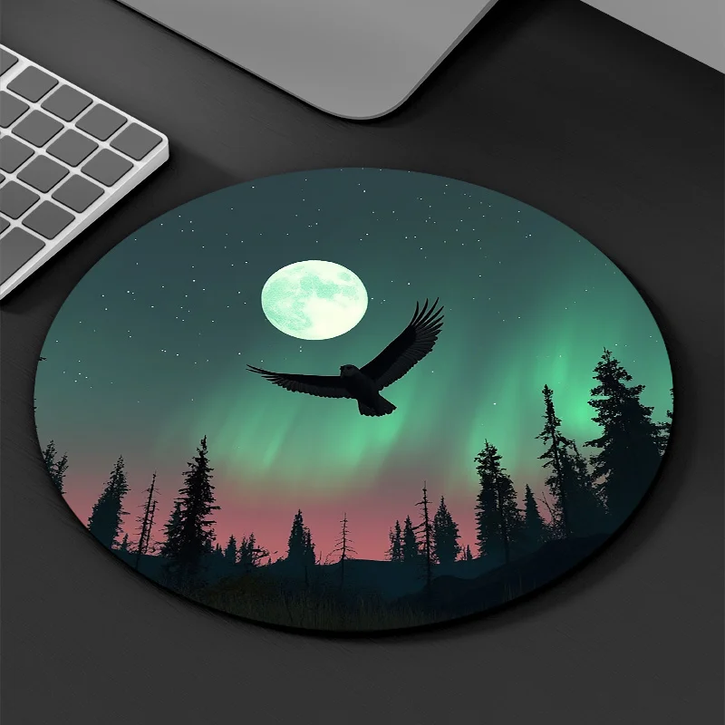 Owl and Aurora circular mousepad durable and anti-slip rubber base vibrant forest and moon