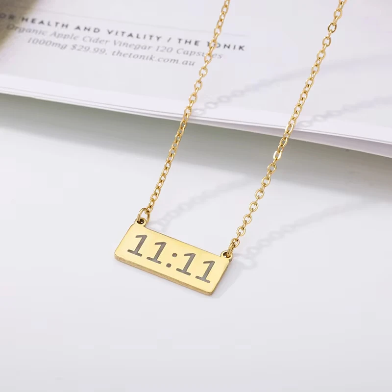 11:11 Rectangle Pendant Necklace for Women Stainless Steel Gold Color Chain Lucky Angel Number 1111 Choker Jewerly Collares