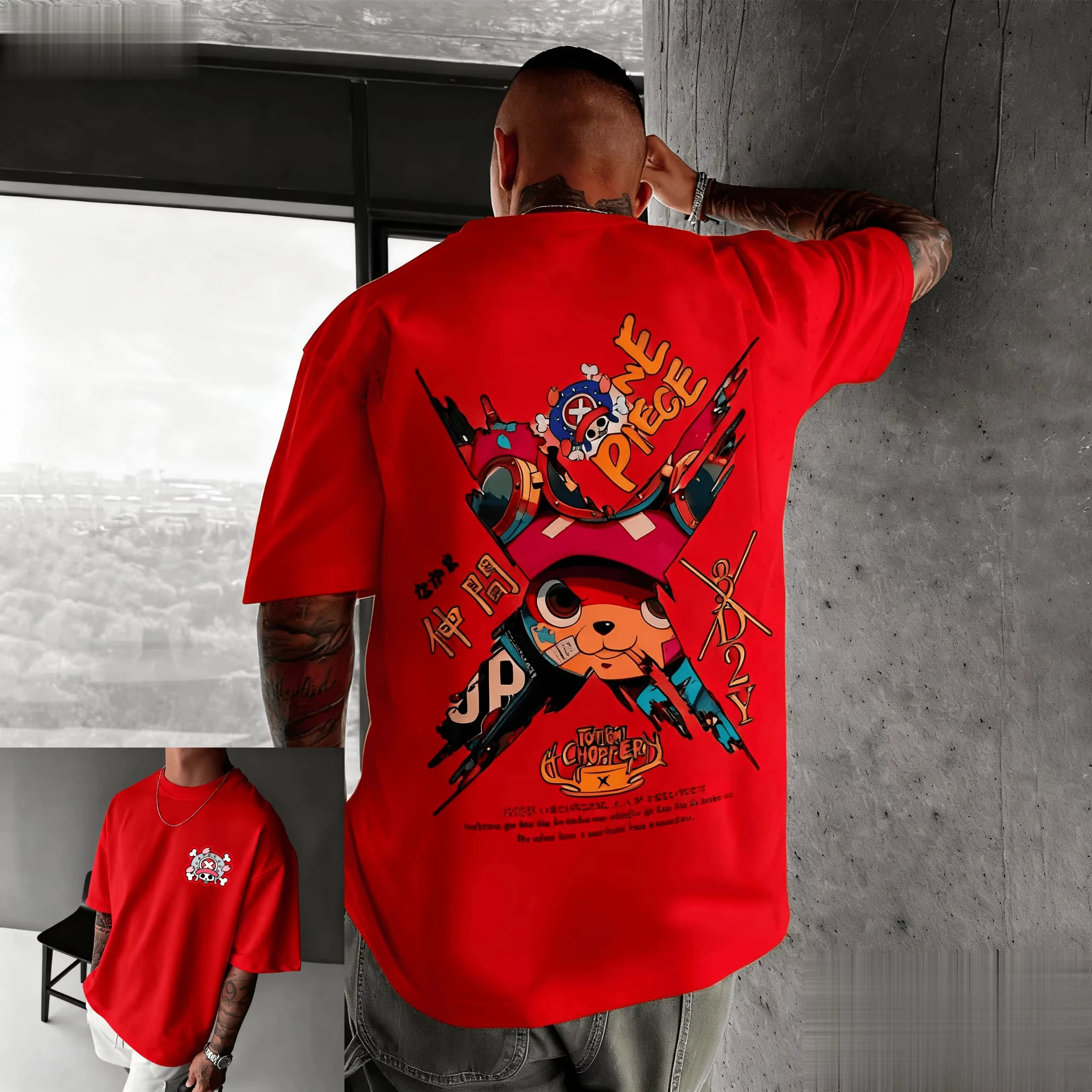 Maglietta sportiva casual oversize in cotone di alta qualità One Piece Chopper Cappello rosa Armi incrociate Stampa posteriore Design anime