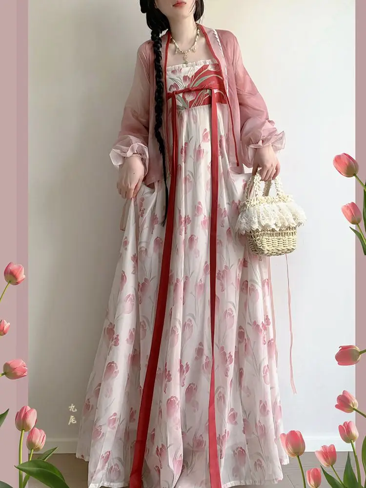 

‌ Платье ханьфу ручной работы с вышивкой и рукавами-фонариками, традиционная китайская одежда, праздничная одежда, костюм на Хэллоуин для женщин