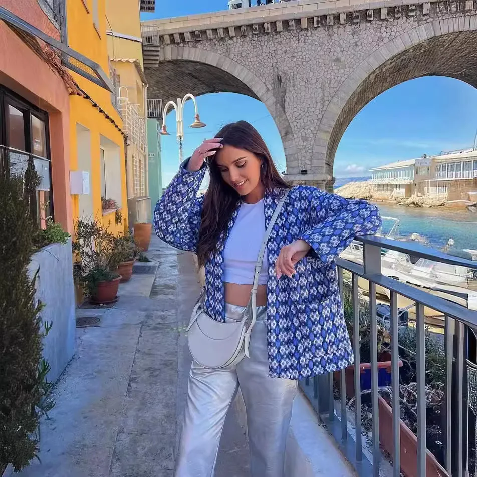 Women's With Quilted Cotton Thin Cotton Coat Jacket Blue Geometric Print Jacket Women Oversized Long Sleeve Casual Fall KI1J
