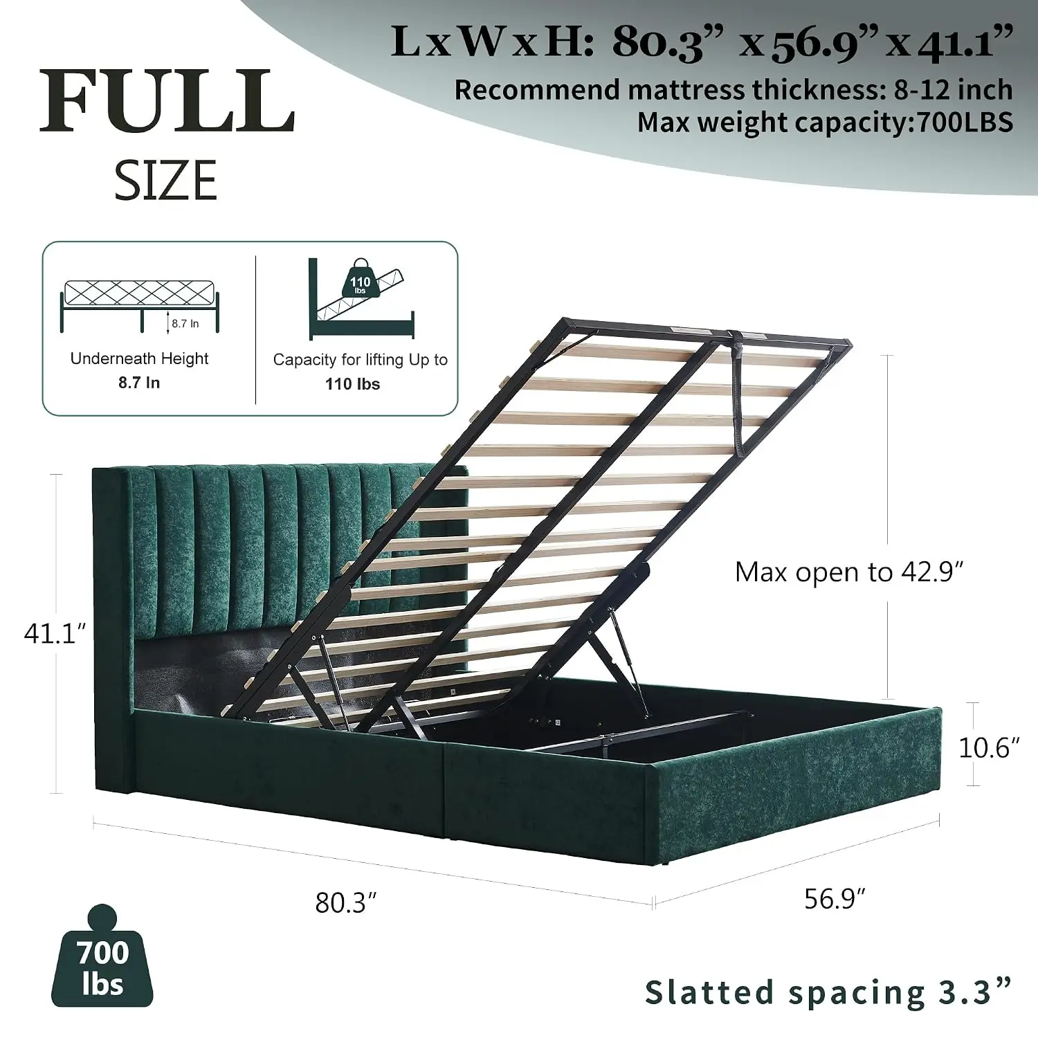 Full Size Hydraulic Storage Bed Upholstered Wingback Headboard Platform Frame, Customized