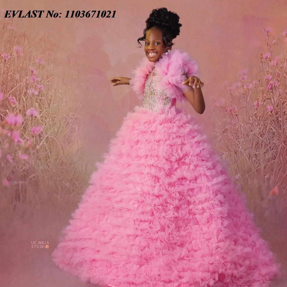 

EVLAST Customized Pink Flower Girl Dress For Weddings Beaded Tiered Ruffles Little Girls Pageant Birthday Party Gown FD83