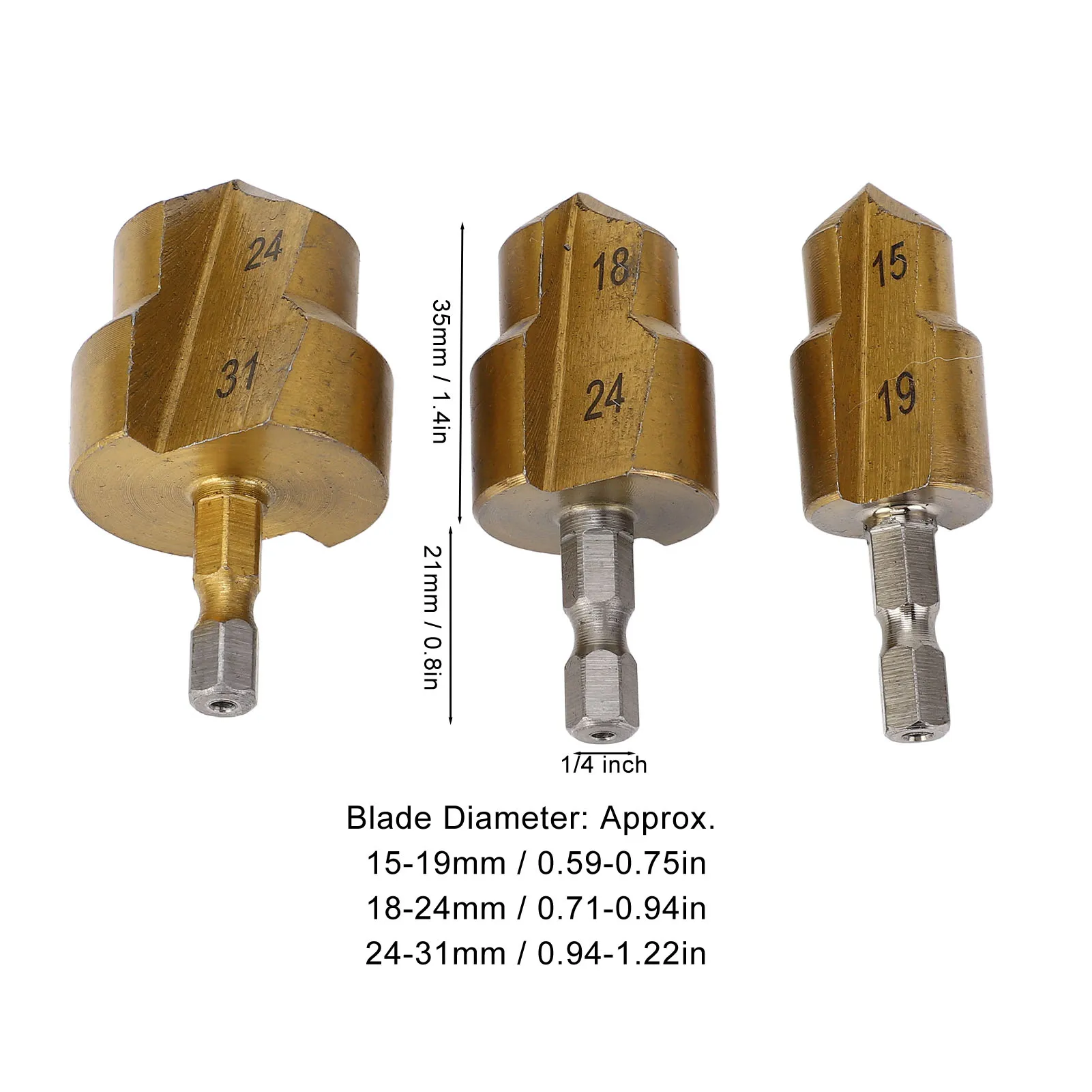 3PCS PPR Lifting Drill Bits 1/4 Inch Hex Shank Pipe Reamer Water Tube Expansion Hole Opener Bit 15‑19mm 18‑24mm 24‑31mm