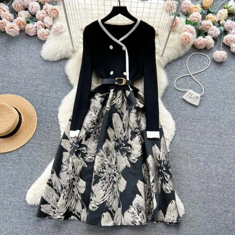 Panelled Double Breasted Long Sleeve Dress Korean Casual Belt High Waist Knit Robe Vintage Print Elegant Patchwork Vestidos