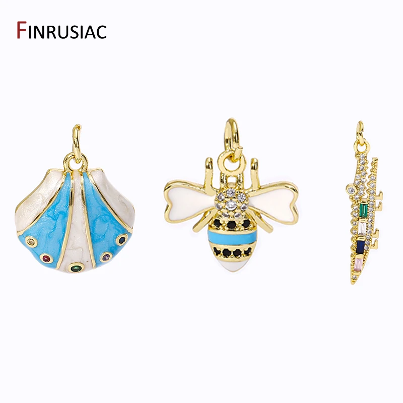 Trendy 18K Gold Plated Brass Zircon Crocodile Pendants,Enamel Shell Bee Charms For DIY Fashion Necklace Making Accessories