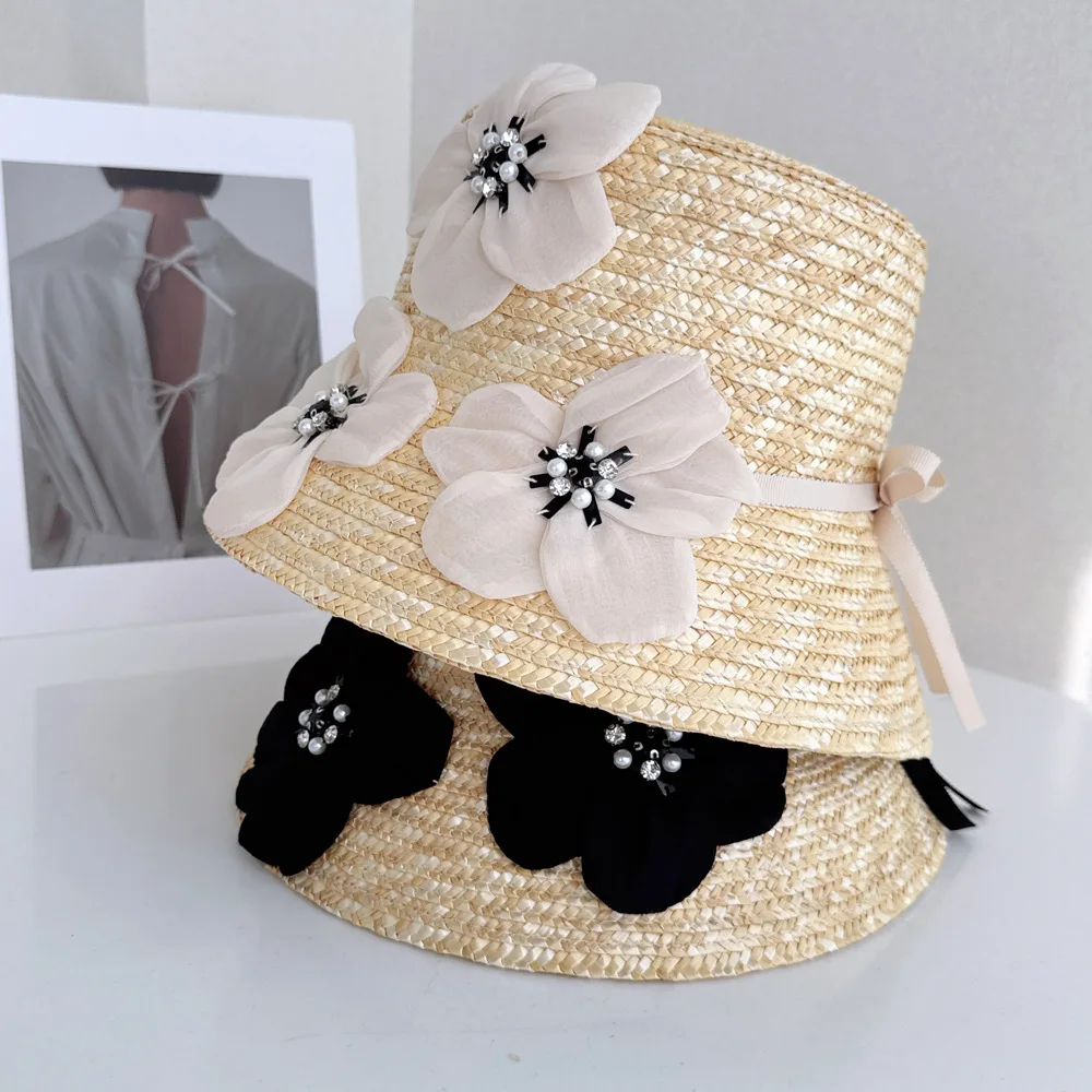 French Vacation Style Dimensional Flower Flat Wheat Straw Hat Exquisite Fashion Women Sun Protection Beach Seaside