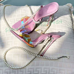 Pearl Chain Pink Lovely Heeled Sandals Women Summer Color PVC Luxury High Heels Shoes Girl's Elegant Sparkly Large Size Sandals