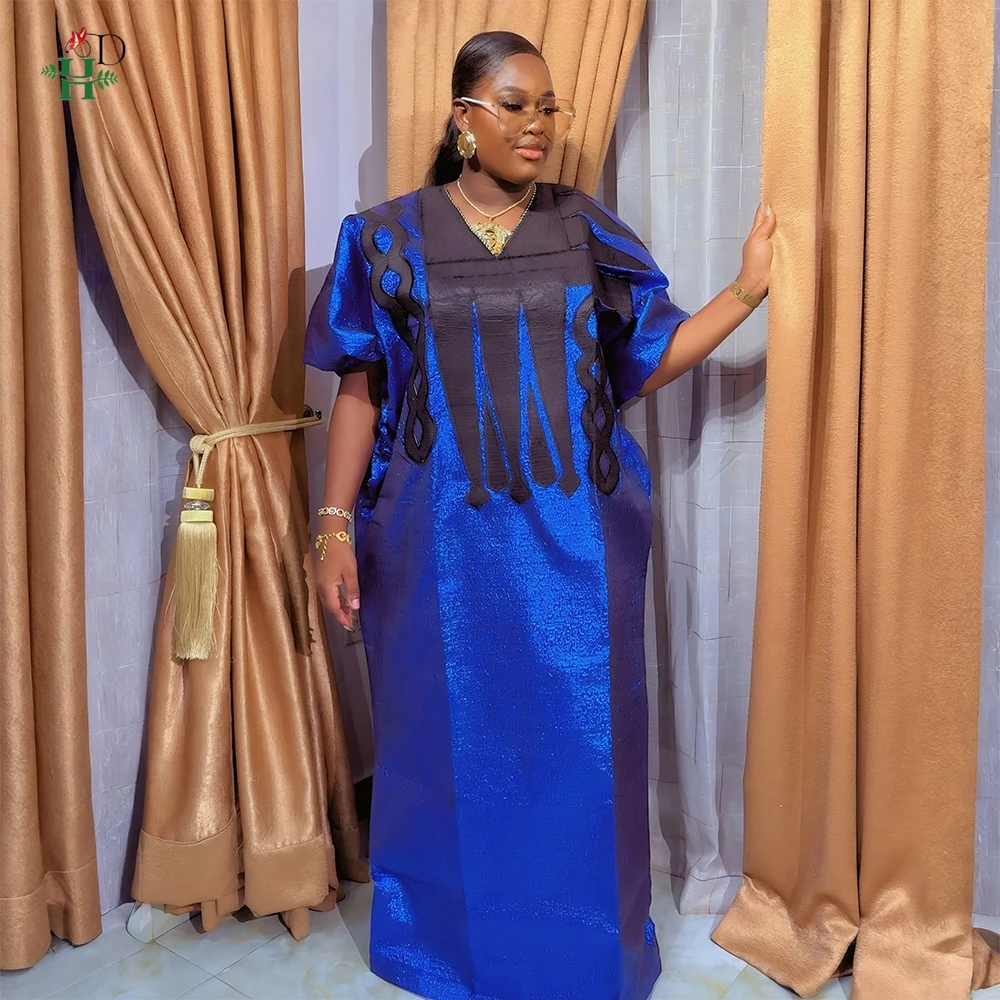 

H&D Elegant African Women's Plus Size Kaftan Embroidery Dress V Neck Short Sleeve For Parties Cultural Events and Casual Outings