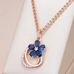 Kinel Trend Shiny Blue Natural Zircon Flower Pendant Necklace for Women 585 Rose Gold Color Quality Daily Fine Vintage Jewelry