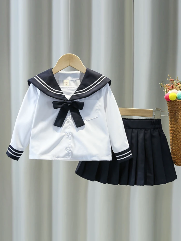 Cute Children's JK Uniform Set School Style Unisex Baby Spring Autumn Fashionable Navy Collar Shirt Two Piece Set Baby Outfit