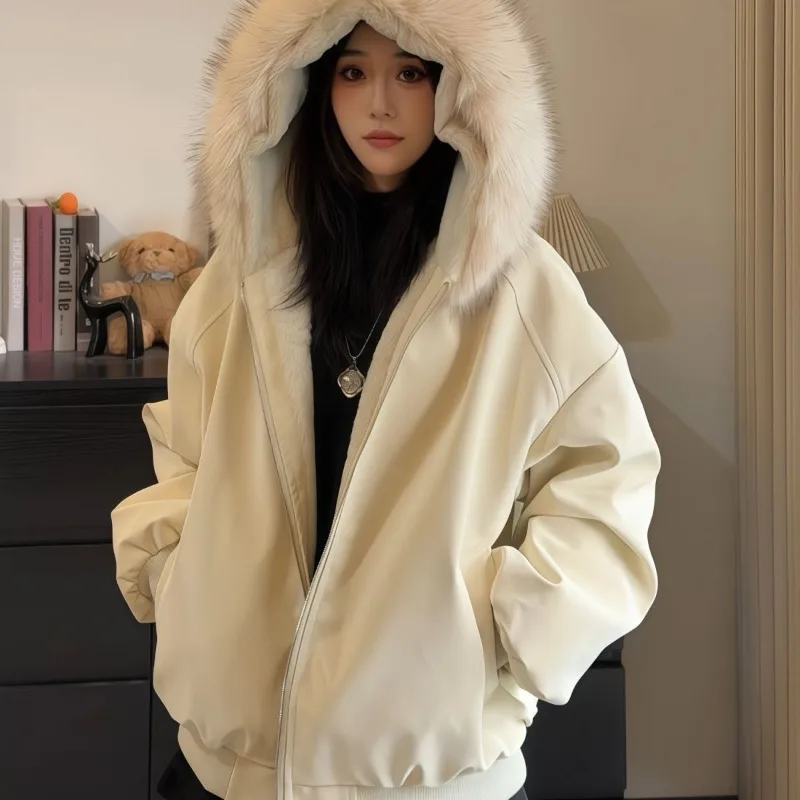 

New Women Korean Cotton Clothes Winter Warm Big Fur Collar Padded Jacket Mens Female Same Hooded Parker Outerwear Couple Outfits