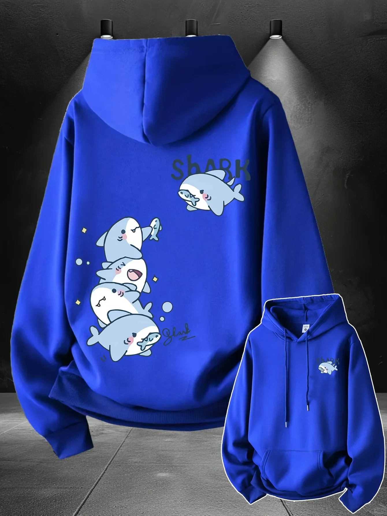 Unisex Hai-Hoodie mit niedlichem Cartoon-Hai-Druck auf der Rückseite, Oversized Pullover Sweatshirt, koreanische Y2K Streetwear – Detail 5