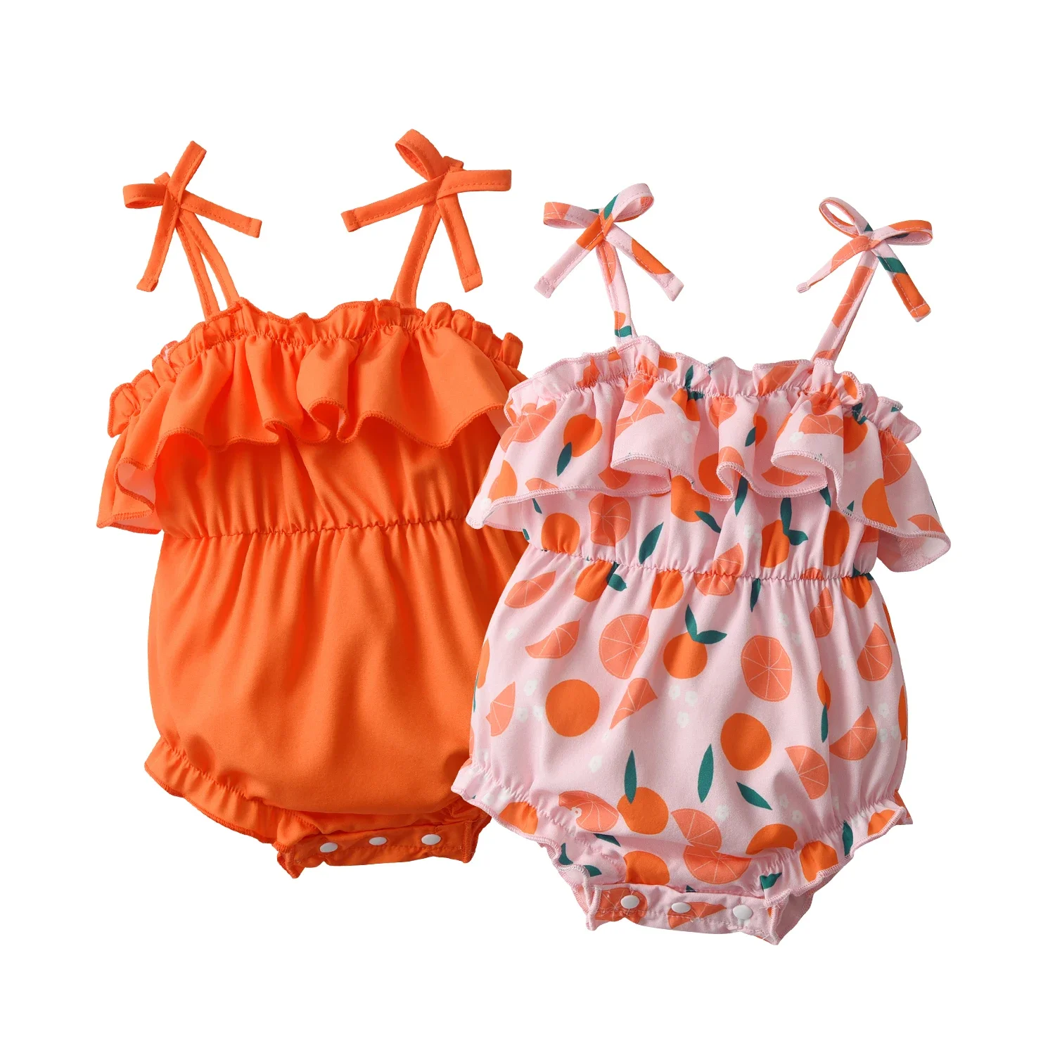 

2-Pack 0-18M Adorable Newborn Baby Girls Sleeveless Romper Summer Clothing Cute Ruffled Printed Jumpsuit with Shoulder Ties