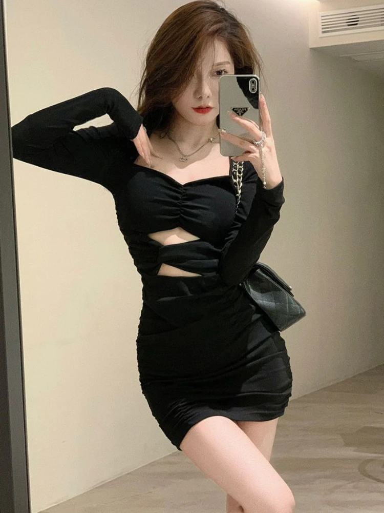 Mini Dresses Women Sexy Slim Design Hot Girls Creativity Spring Folds Simple Chic Pure Club Ulzzang Leisure Vestidos Personality