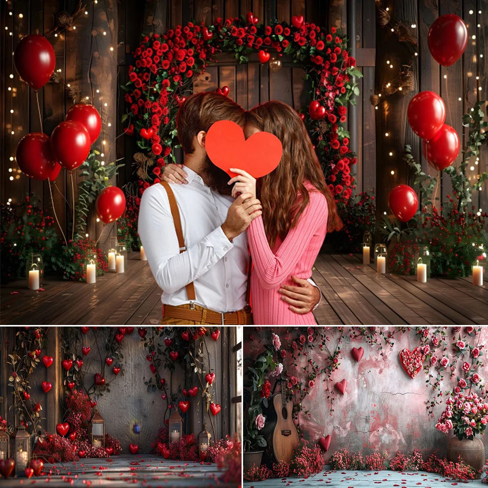 February 14 Valentine's Day Backdrop Rose Flower Wall Red Love Heart Balloons Couple Wedding Party Decor Photography Background