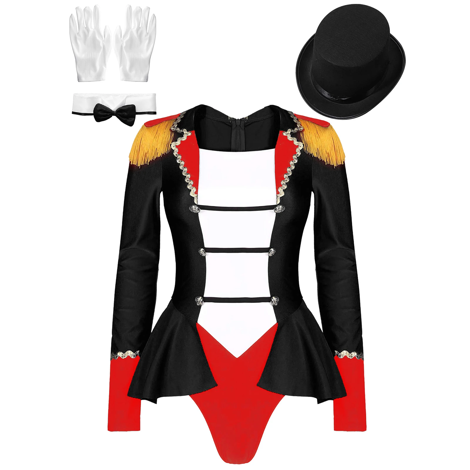 

Womens Circus Ringmaster Cosplay Bodysuit Halloween Showman Long Sleeve Jumpsuit with Bow Collar Hat Gloves Role Play Outfit