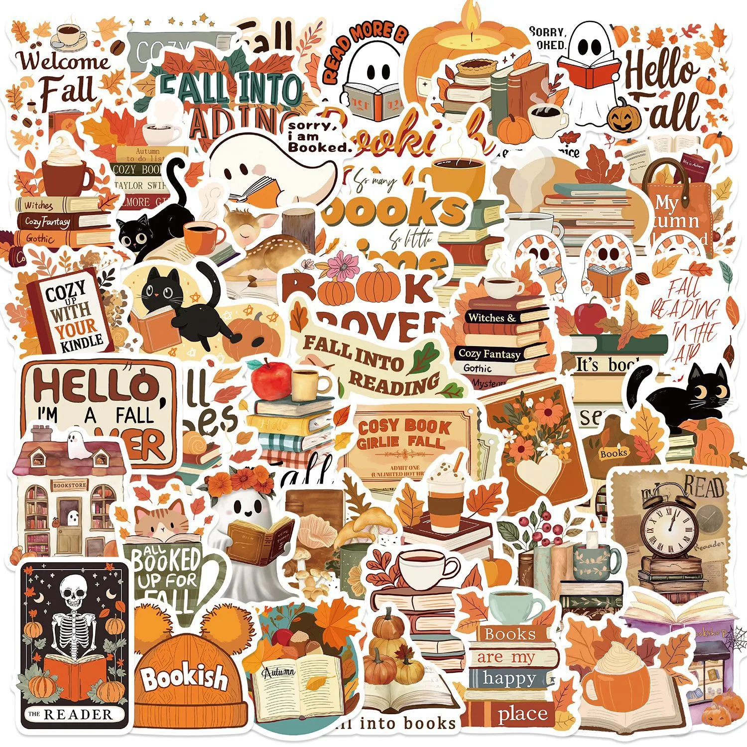

50pcs Cute Autumn Reading Book Bookish Stickers Kindle Aesthetic Falls Decals Luggage Guitar Laptop Phone Waterproof Graffiti