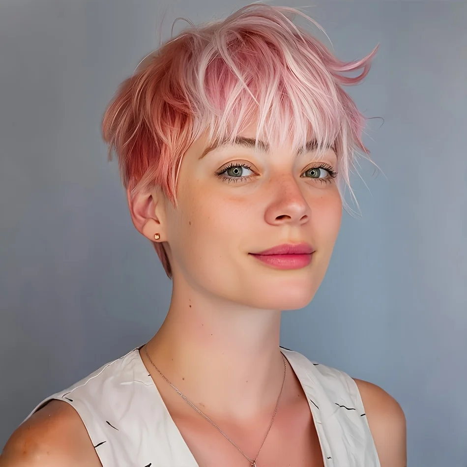 

Short Pink Pixie Cut Wig with Bangs 180% Density 100% Real Human Hair Full Machine Made Wig Straight Layered Hair