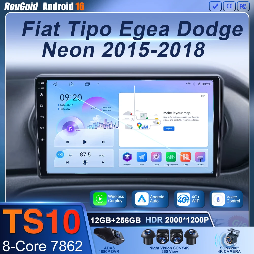

Автомобильный радиоприемник Android 16 для Fiat Tipo Egea Dodge Neon 2015-2018 2K QLED стерео мультимедийный видеоплеер GPS 4G CarPlay