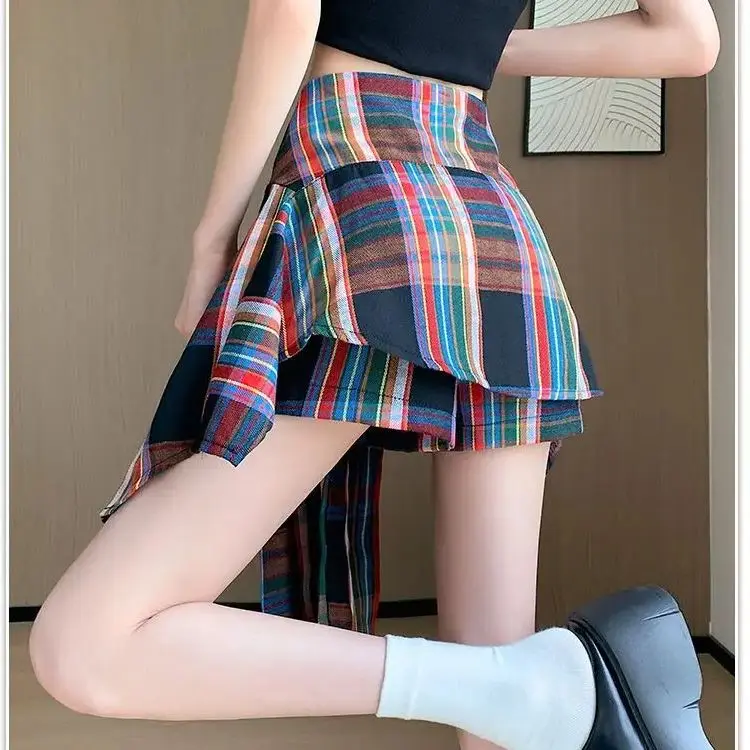 Irregular Check Korean Ladies Zipper High Waist A-Line Skirt Summer Patchwork Bow Women'S Clothing Young Style New Shorts