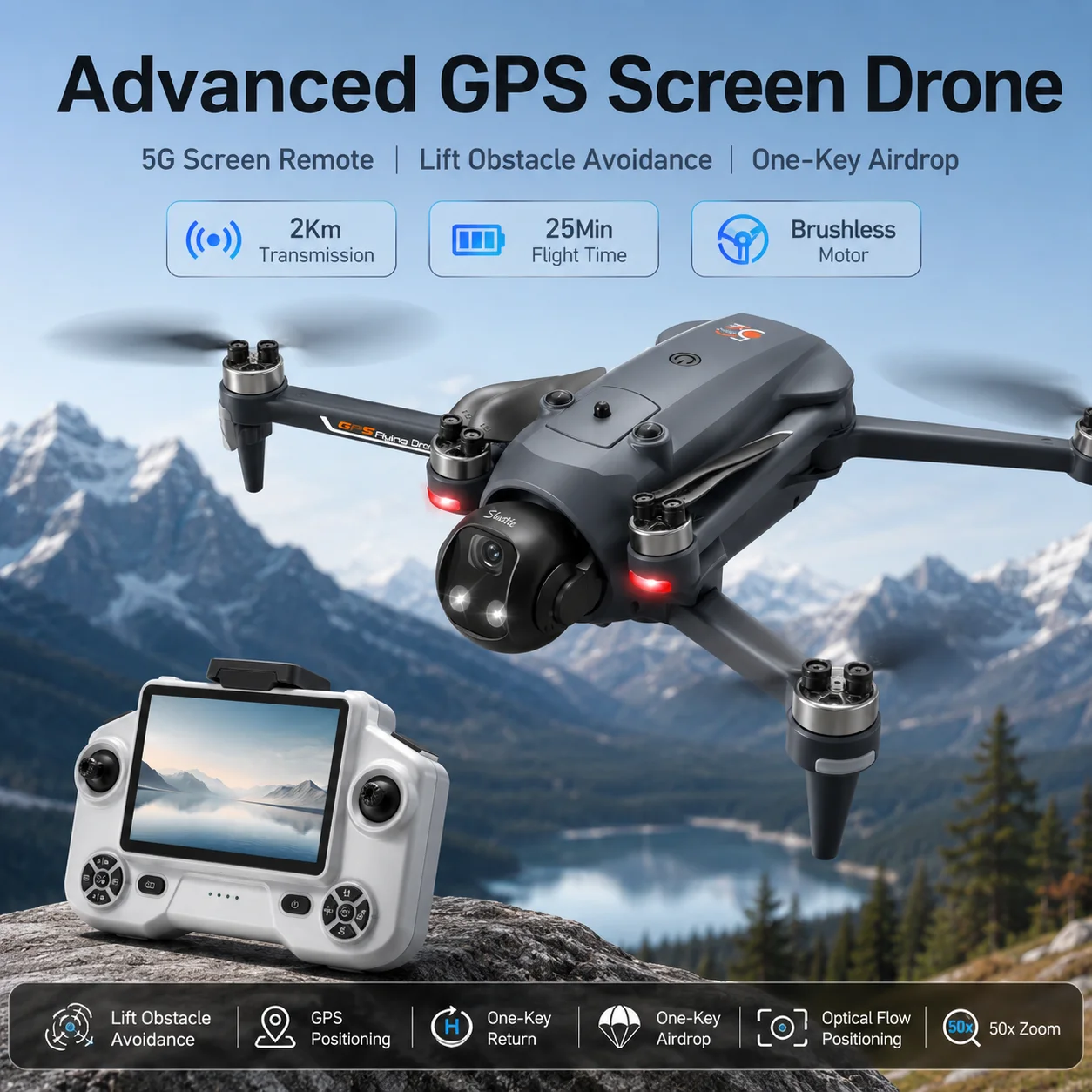 GPS Drone With 5G Screen Remote Lift‑Type Obstacle Avoidance Airdrop Function 180° Electric Adjust Camera Brushless 2KM 5G FPV Quadcopter