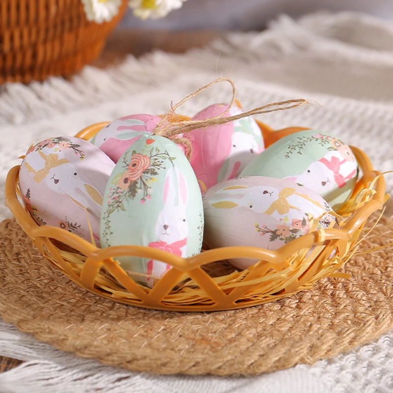 Easter Colorful Eggs with  Weaving Basket Easter Decorations 2025 Cartoon Bunny Eggs Painted Hanging Pendants Ornament Kids Gift