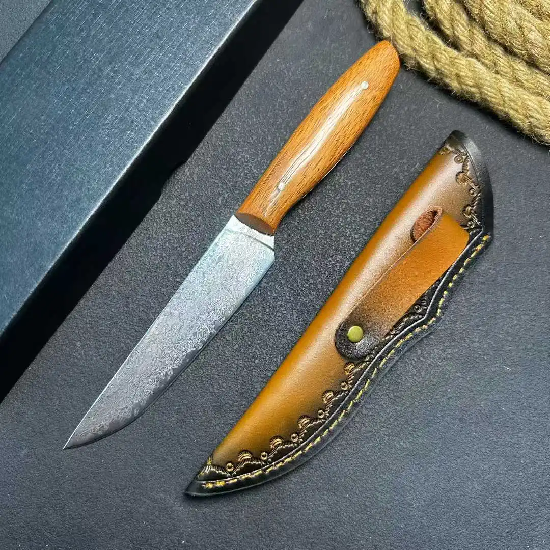 5 Inch Utility Knife With Cowhide Cover 67-layer Damascus Steel Blade Wood Handle Chef Cleaver Barbecue Paring Kitchen Knives