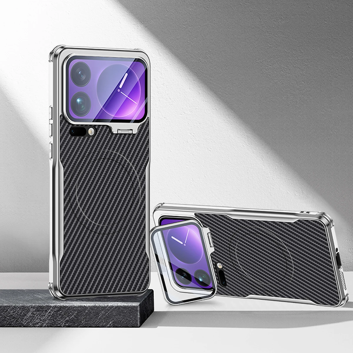 

Carbon Fiber Grain Magnetic Lens Kickstand Case for Xiaomi 17 Pro Max Mi 17 Pro 15, Built-in Glass Camera Protection Phone Cover