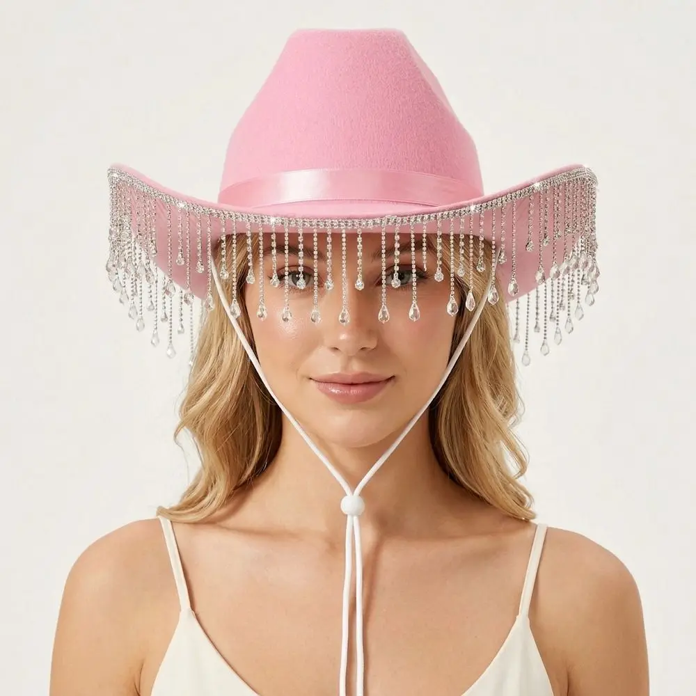 Fashion Shiny Western Cowboy Hat Glitter Wide Brim Rhinestone Tassels Jazz Hat Ethnic Style Sunscreen Cowgirl Hat Travel