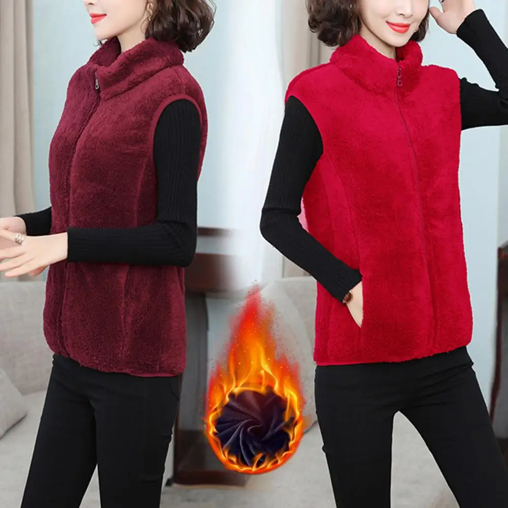 Women Autumn Winter Solid Color Plush Waistcoat Stand Collar Sleeveless Pockets Zipper Placket Thickened Double Sides Fleece Ves