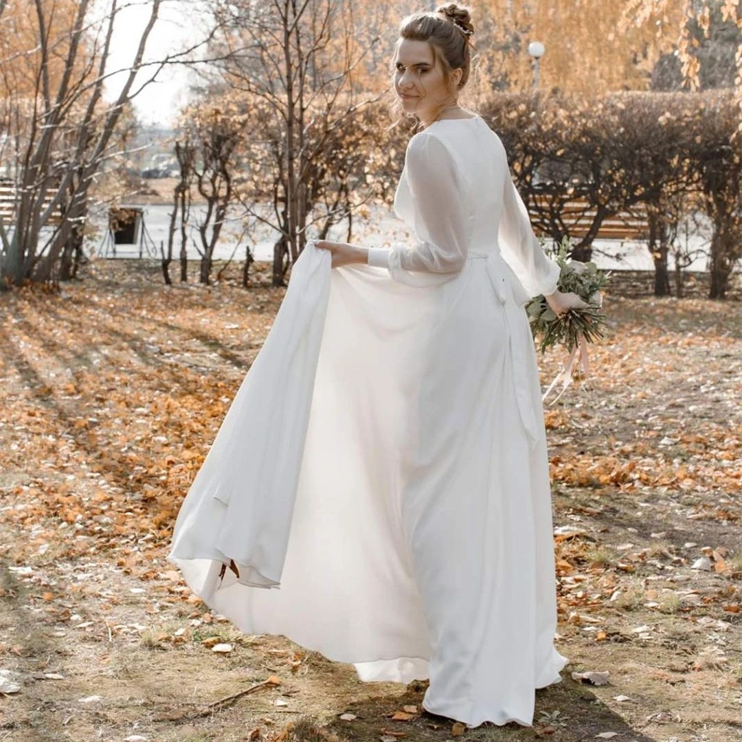 Chiffon Boho Wedding Dress Split Floor length Long Sleeve V-Neck Charming With Sash bow Beach Rustic robe de soirée de mariage