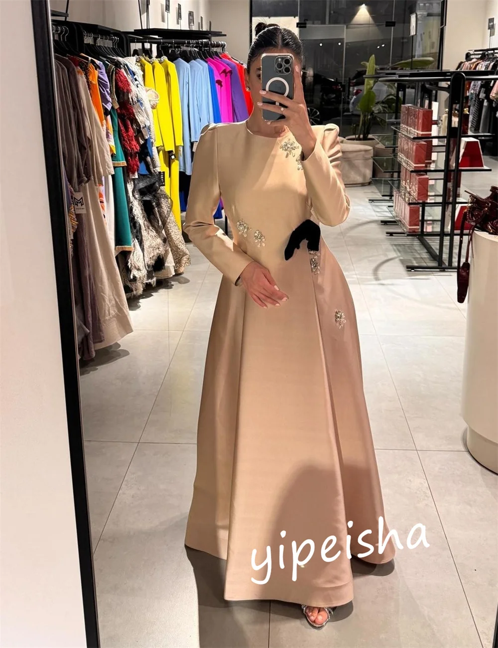 Jiayigong Ballkleid Abend Satin Strass Strand A-Linie U-Ausschnitt maßge schneiderte Gelegenheit Kleid Midi es Saudi-Arabien