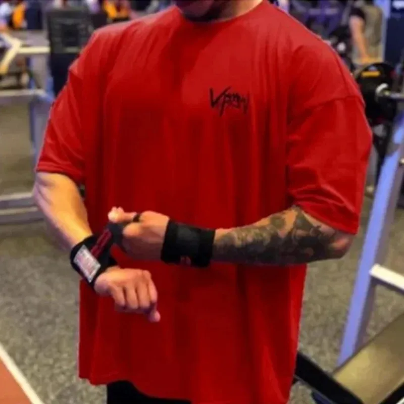 NEW Round Collar sports T Shirt Oversize Cotton Summer Tee Training running shirt Man Streetwear Half Sleeve men T-shirt image 6